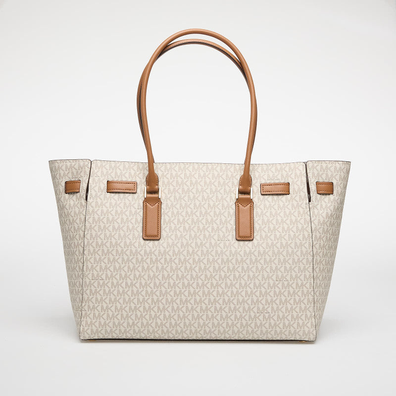 Michael Kors Hamilton Moderne Large Signature Logo Tote Bag Vanilla/ Acorn
