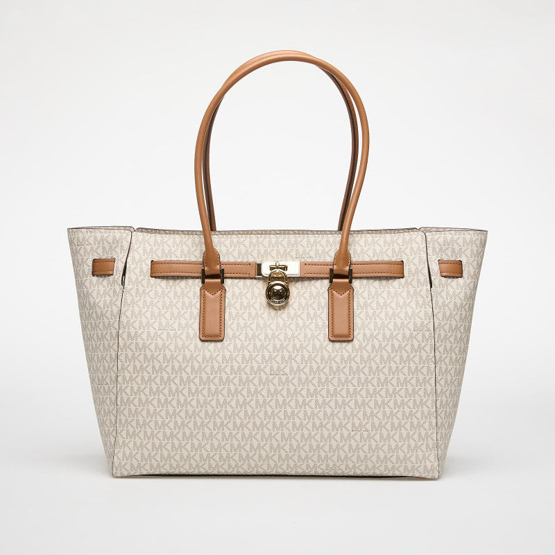 Michael Kors Hamilton Moderne Large Signature Logo Tote Bag Vanilla/ Acorn