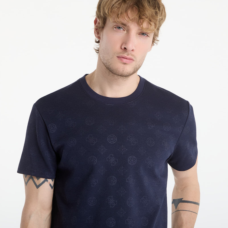 Guess Jeans Nico Embossed Knit Ss Crew Peony Logo Smart Blue