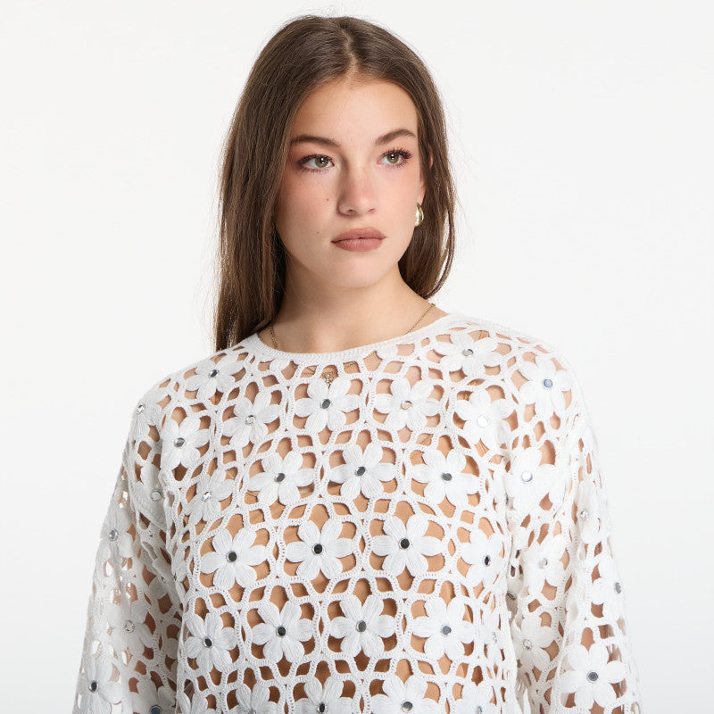 Michael Kors Mirror-Embellished Floral Crochet Top White