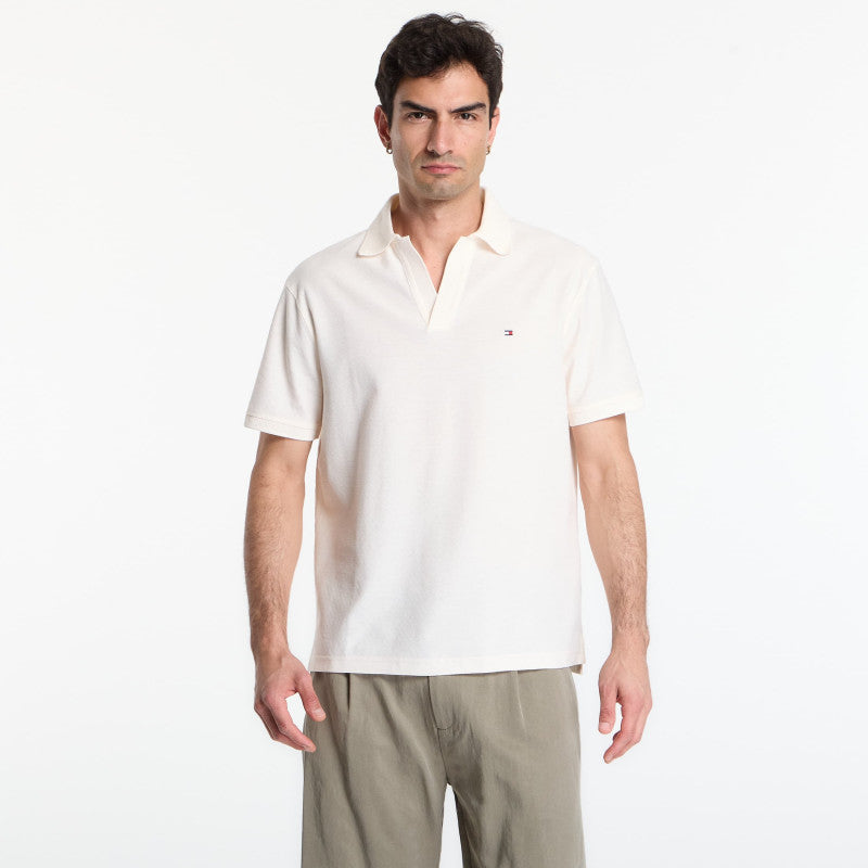 Tommy Hilfiger V Neck Crepe Classic Polo Tee Ivory Petal