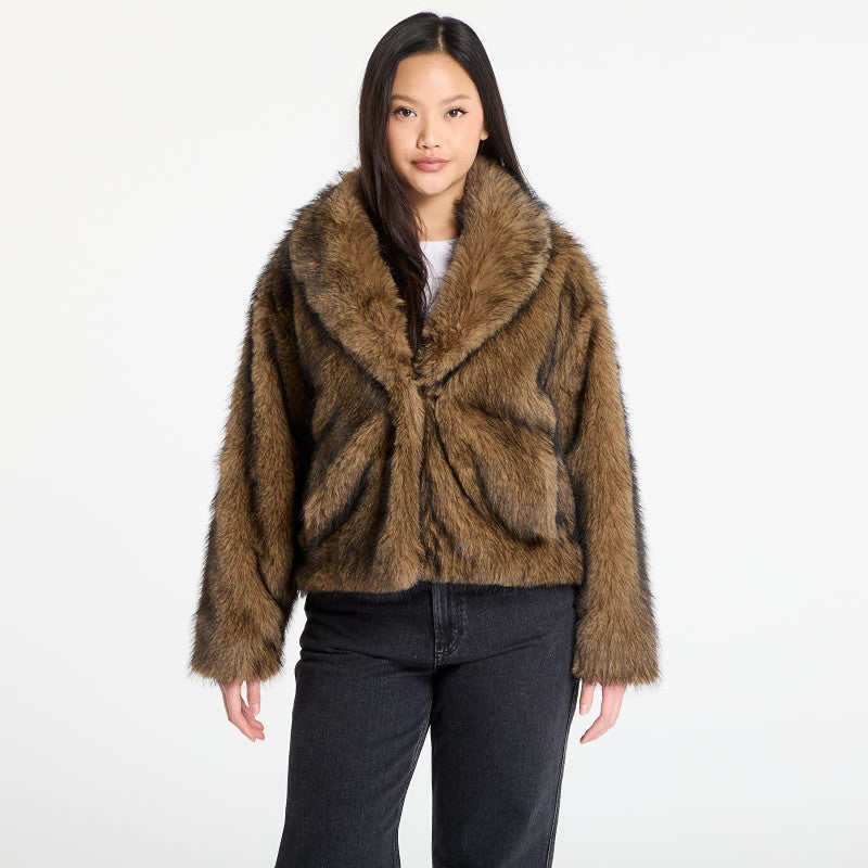 Urban Classics Ladies Short Faux Fur Jacket Brown/ Black