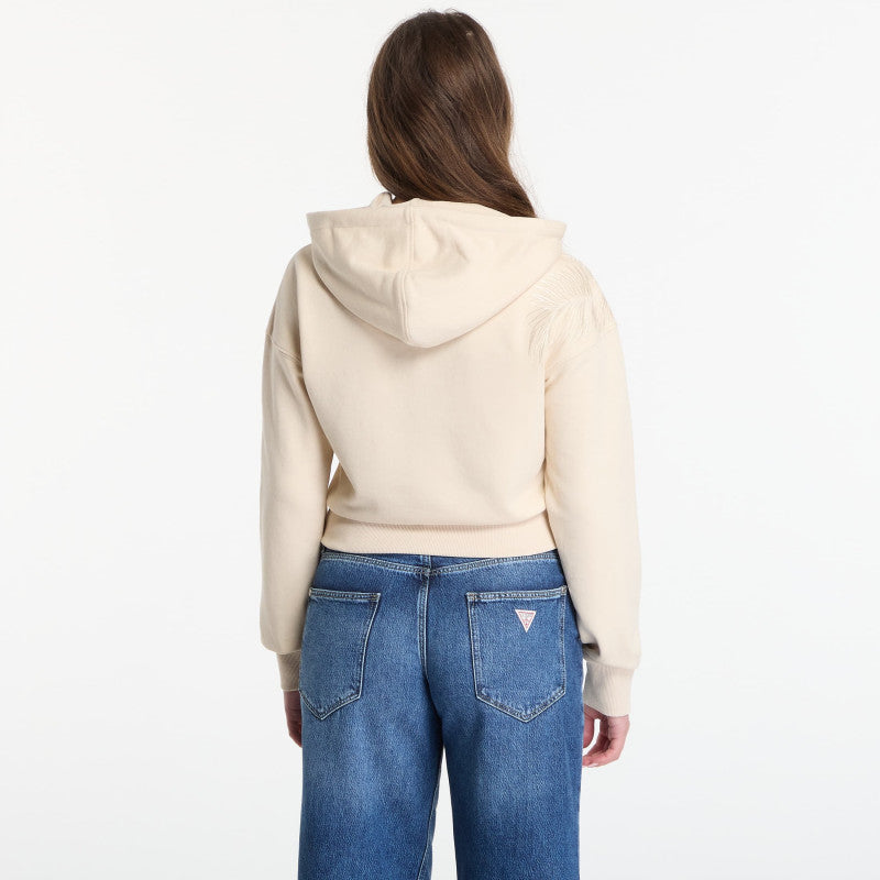 Guess Jeans Ls Hooded Leaves Crop Sweatshirt Pearl Oyster