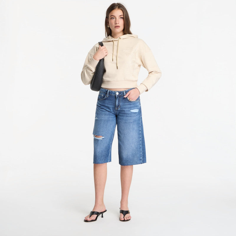 Guess Jeans Ls Hooded Leaves Crop Sweatshirt Pearl Oyster