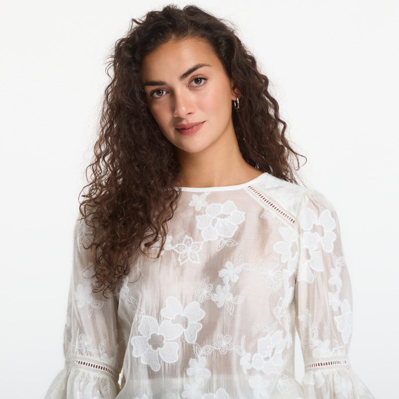 Guess Jeans Ls Brigitte Embro Top Cream White