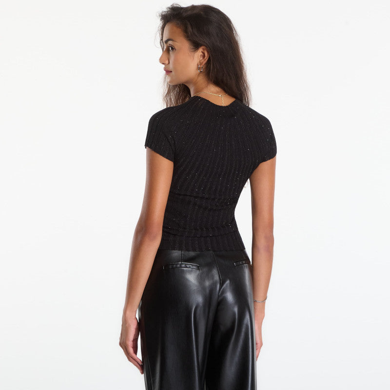 GUESS Ss Sheer Yoke Cn Perilla Ribbed Tee Jet Black/ Multi